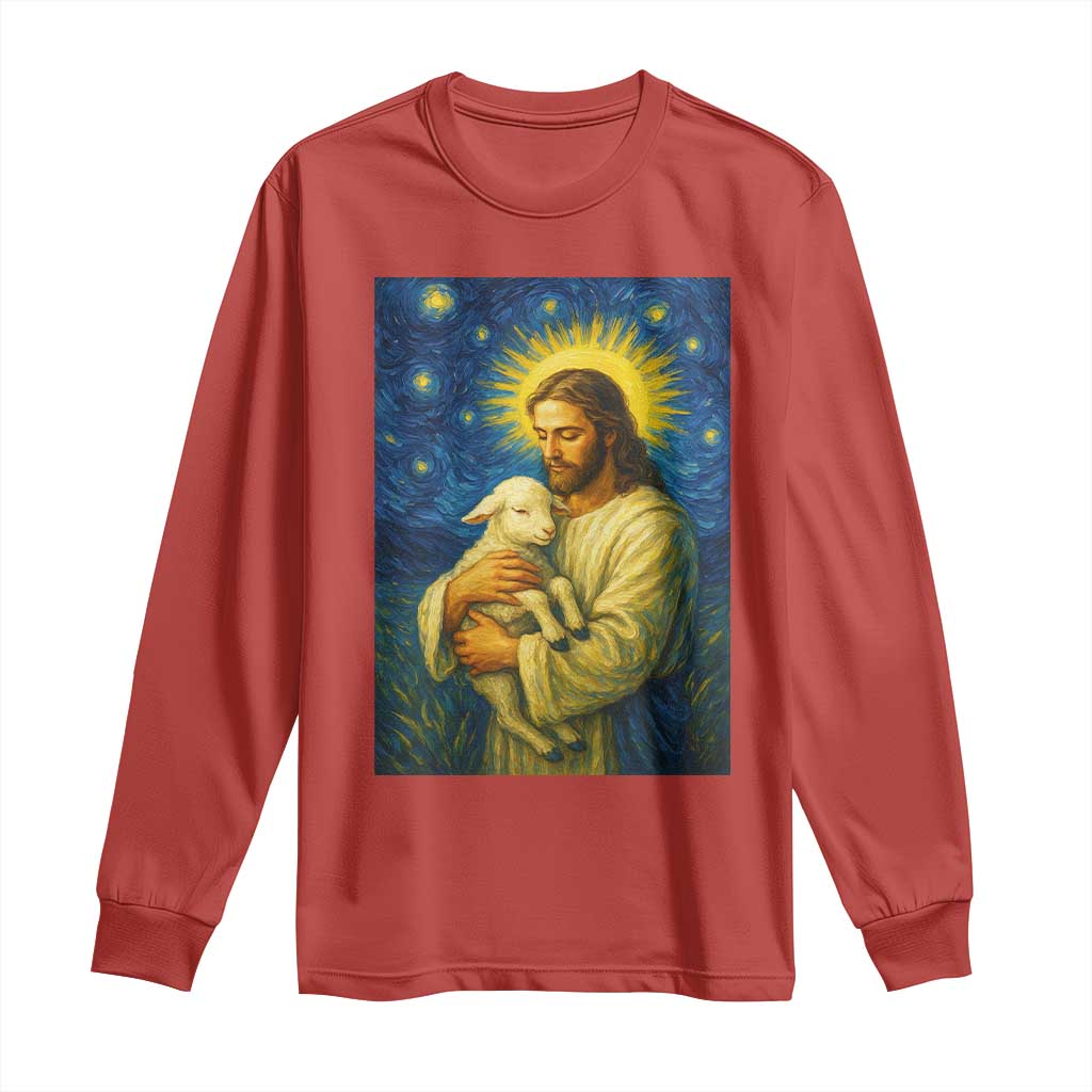 Jesus Christian Long Sleeve Shirt Hug Lamb Starry Night Van Gogh TS14 Red Print Your Wear