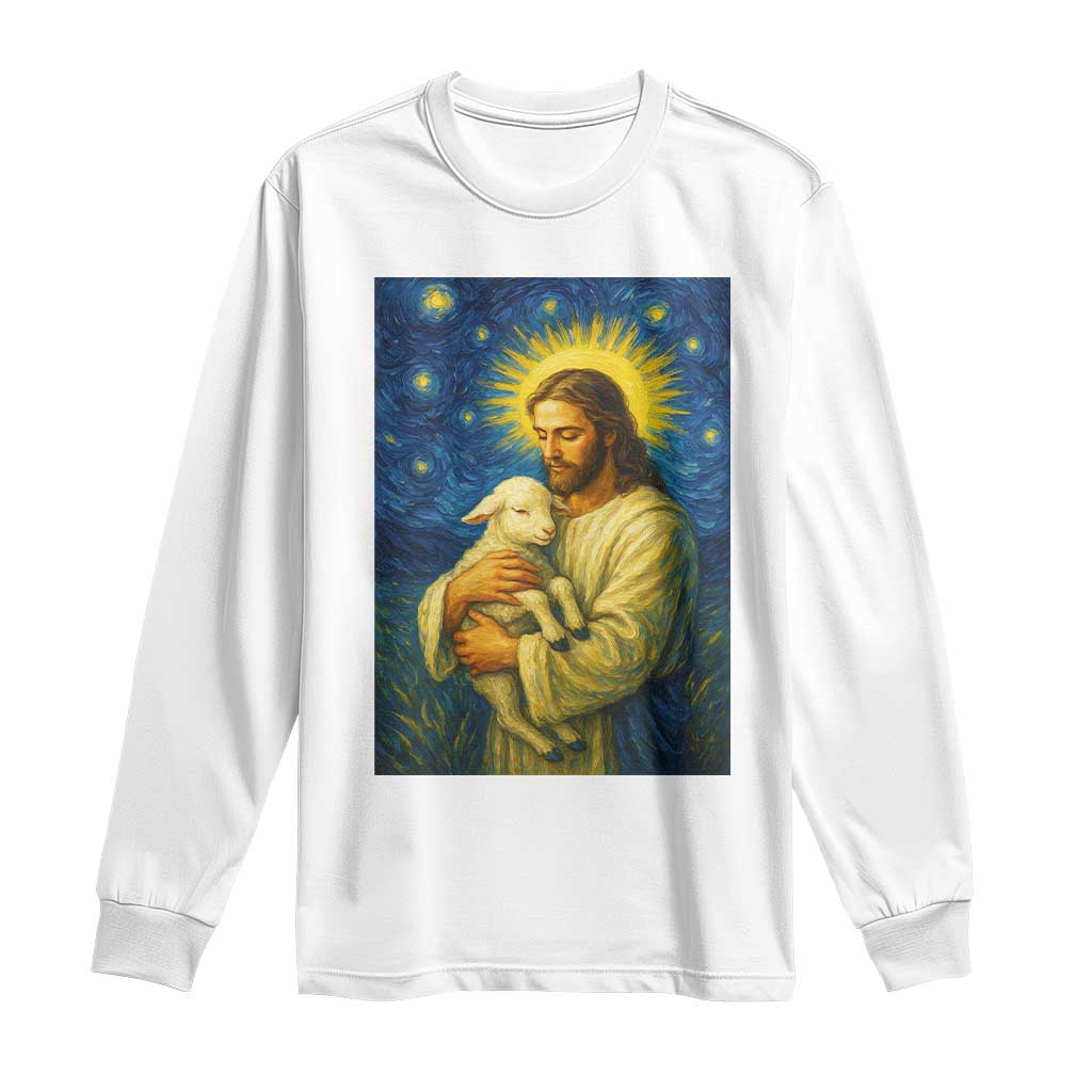 Jesus Christian Long Sleeve Shirt Hug Lamb Starry Night Van Gogh TS14 White Print Your Wear
