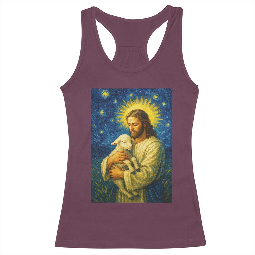 Jesus Christian Racerback Tank Top Hug Lamb Starry Night Van Gogh TS14 Maroon Print Your Wear
