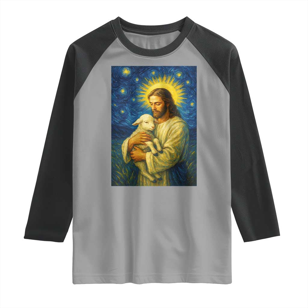Jesus Christian Raglan Shirt Hug Lamb Starry Night Van Gogh TS14 Sport Gray Black Print Your Wear