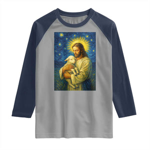 Jesus Christian Raglan Shirt Hug Lamb Starry Night Van Gogh TS14 Sport Gray Navy Print Your Wear