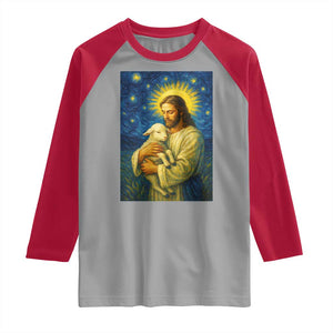Jesus Christian Raglan Shirt Hug Lamb Starry Night Van Gogh TS14 Sport Gray Red Print Your Wear
