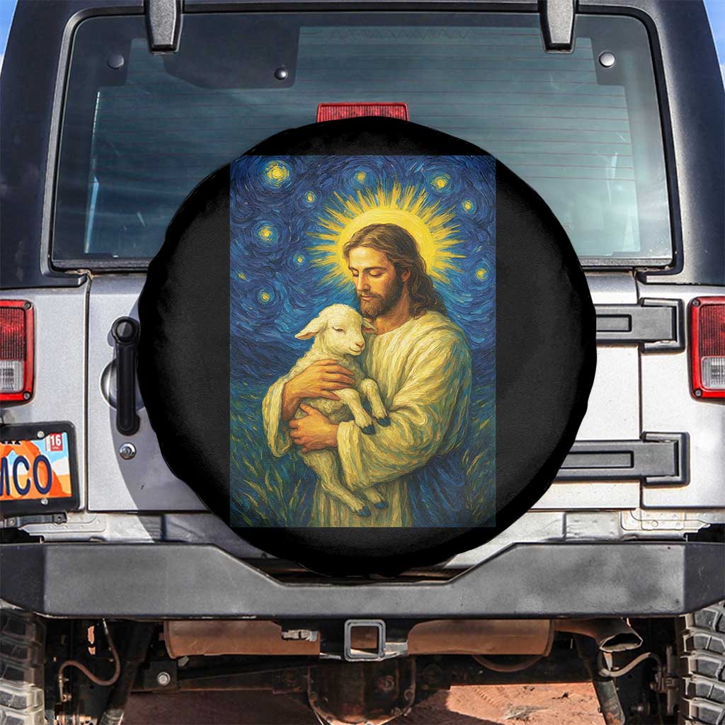 Jesus Christian Spare Tire Cover Hug Lamb Starry Night Van Gogh TS14 No hole Black Print Your Wear
