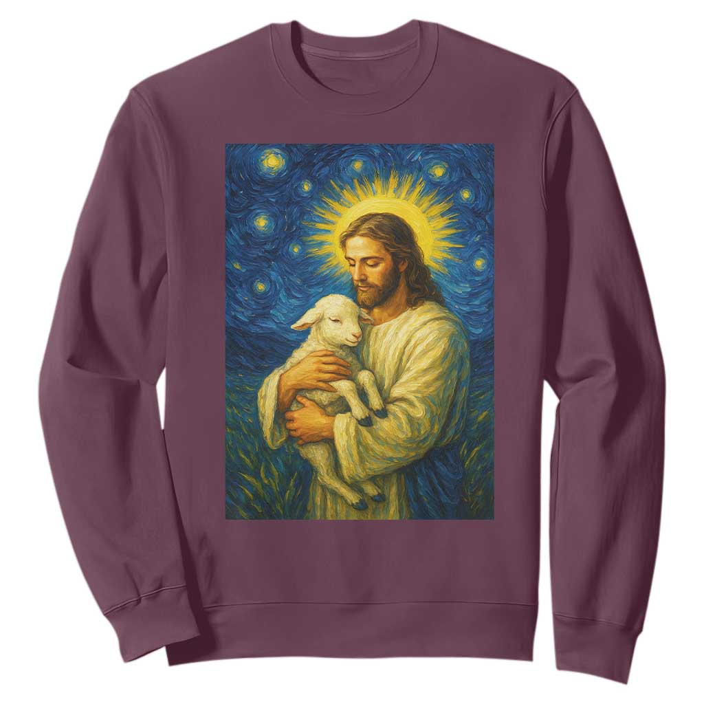 Jesus Christian Sweatshirt Hug Lamb Starry Night Van Gogh TS14 Maroon Print Your Wear