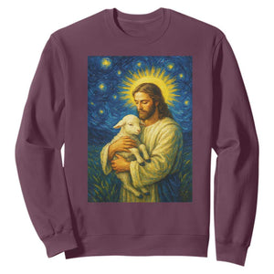 Jesus Christian Sweatshirt Hug Lamb Starry Night Van Gogh TS14 Maroon Print Your Wear