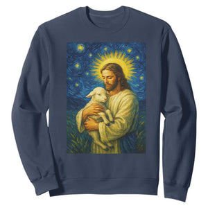 Jesus Christian Sweatshirt Hug Lamb Starry Night Van Gogh TS14 Navy Print Your Wear