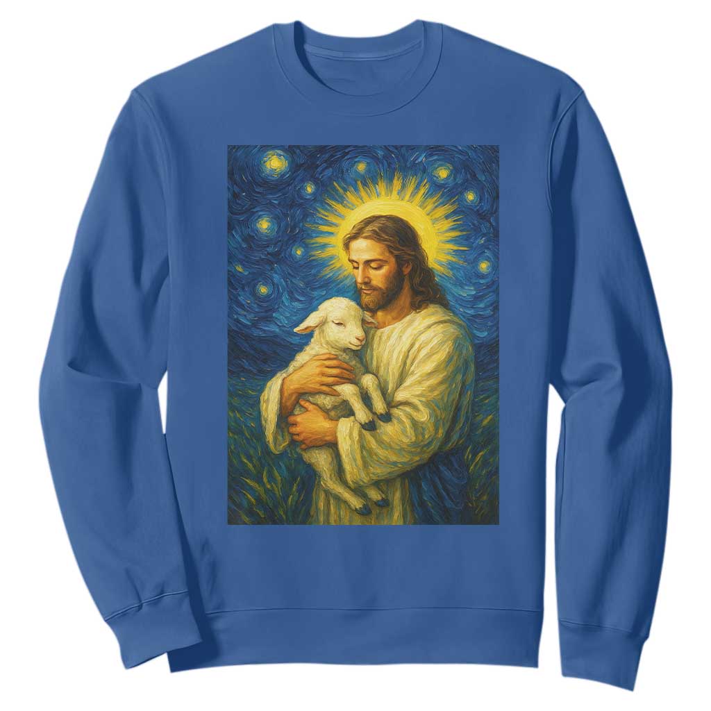 Jesus Christian Sweatshirt Hug Lamb Starry Night Van Gogh TS14 Royal Blue Print Your Wear