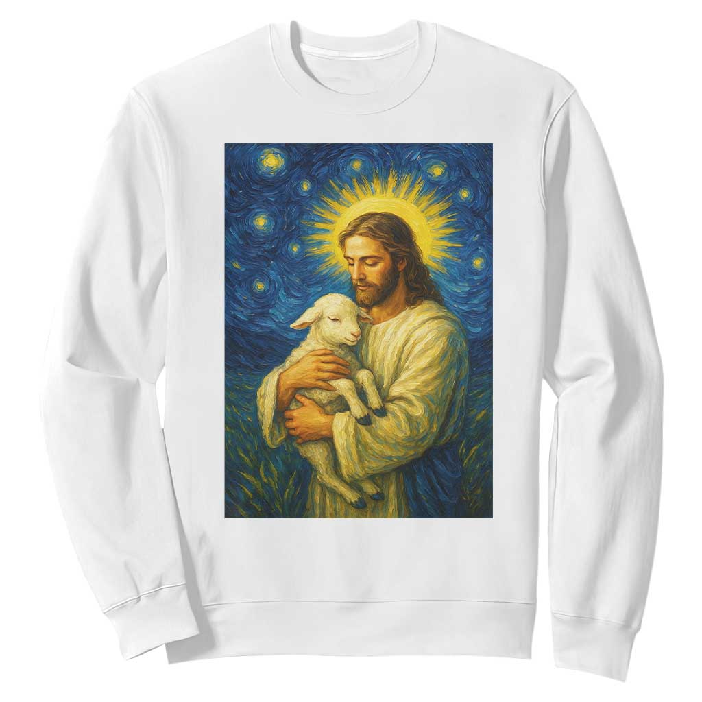 Jesus Christian Sweatshirt Hug Lamb Starry Night Van Gogh TS14 White Print Your Wear