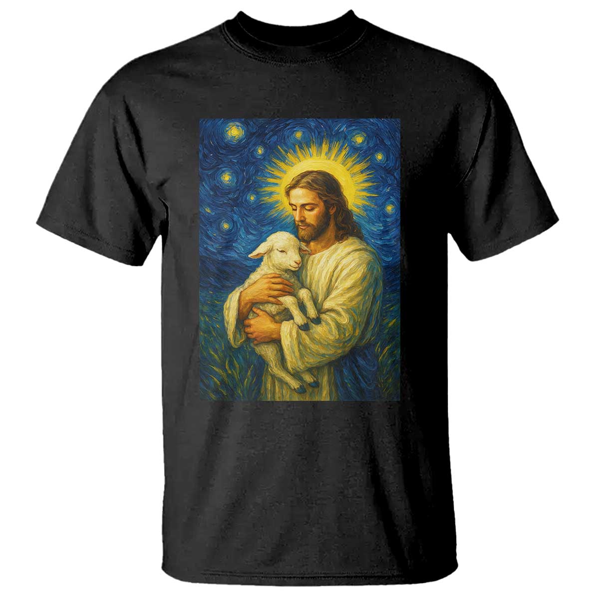 Jesus Christian T Shirt Hug Lamb Starry Night Van Gogh TS14 Black Print Your Wear