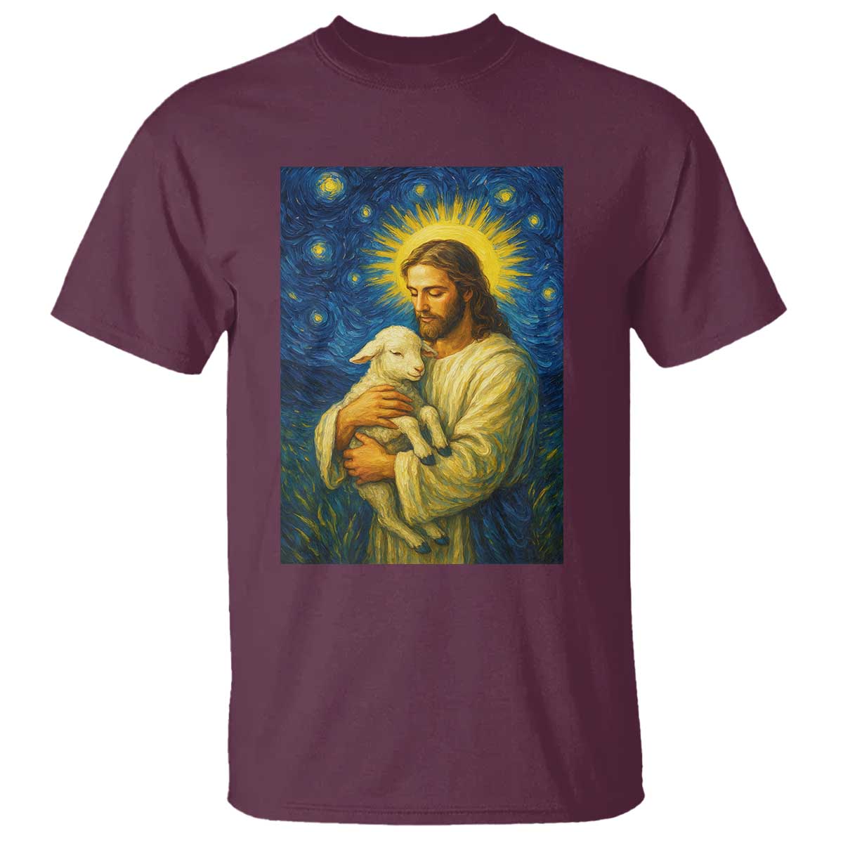 Jesus Christian T Shirt Hug Lamb Starry Night Van Gogh TS14 Maroon Print Your Wear