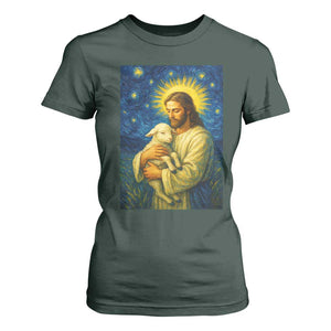 Jesus Christian T Shirt For Women Hug Lamb Starry Night Van Gogh TS14 Dark Forest Green Print Your Wear