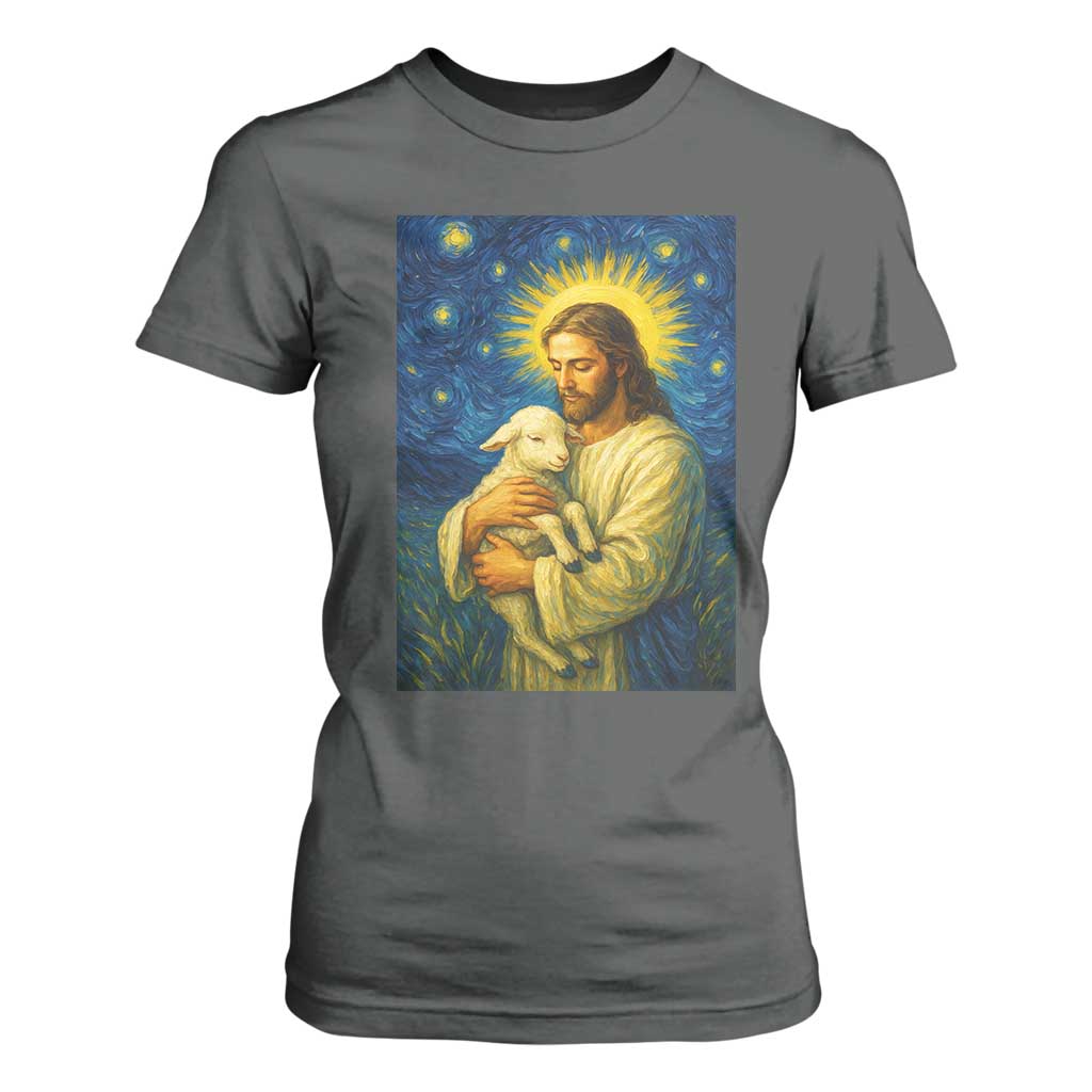 Jesus Christian T Shirt For Women Hug Lamb Starry Night Van Gogh TS14 Dark Heather Print Your Wear