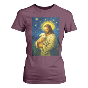 Jesus Christian T Shirt For Women Hug Lamb Starry Night Van Gogh TS14 Maroon Print Your Wear