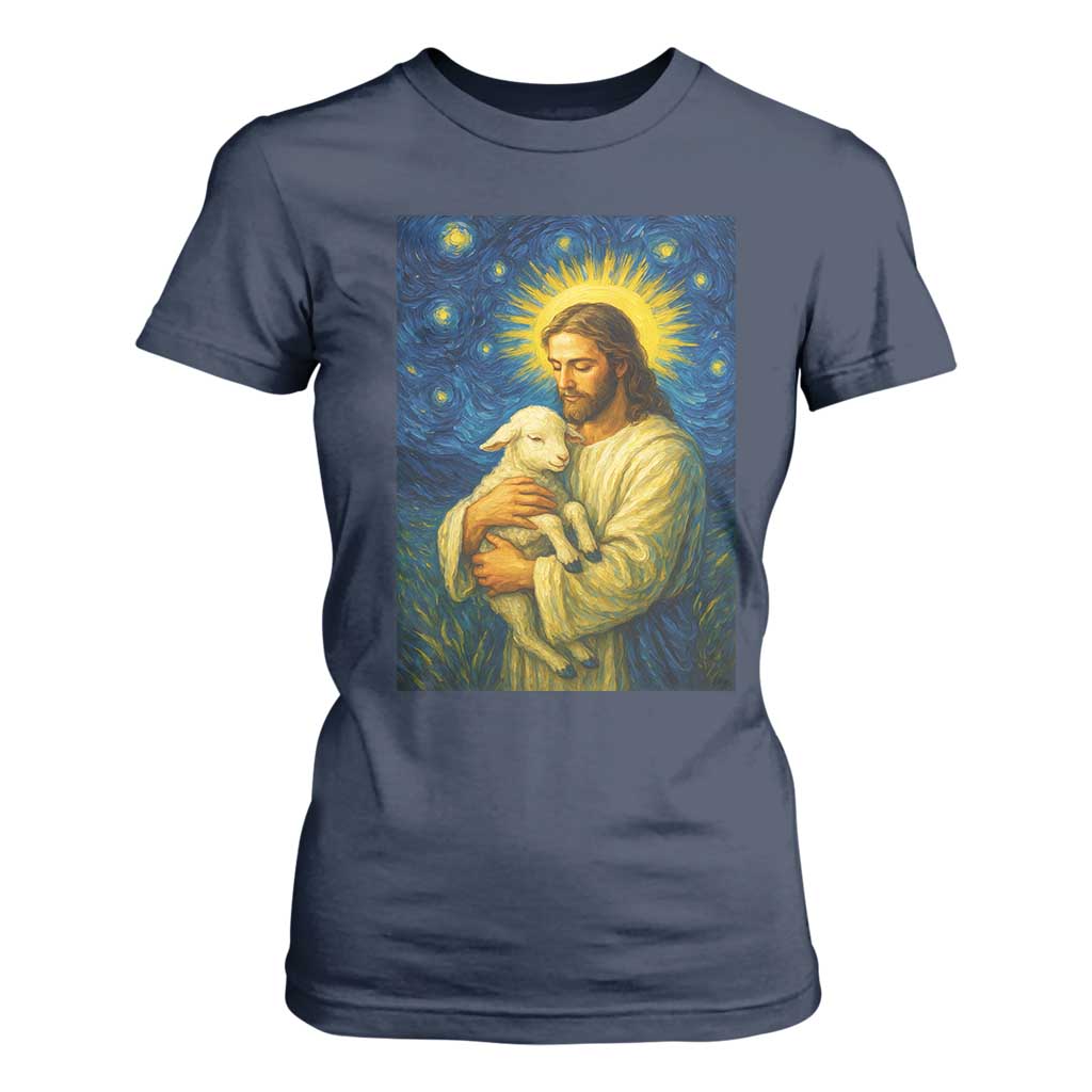 Jesus Christian T Shirt For Women Hug Lamb Starry Night Van Gogh TS14 Navy Print Your Wear