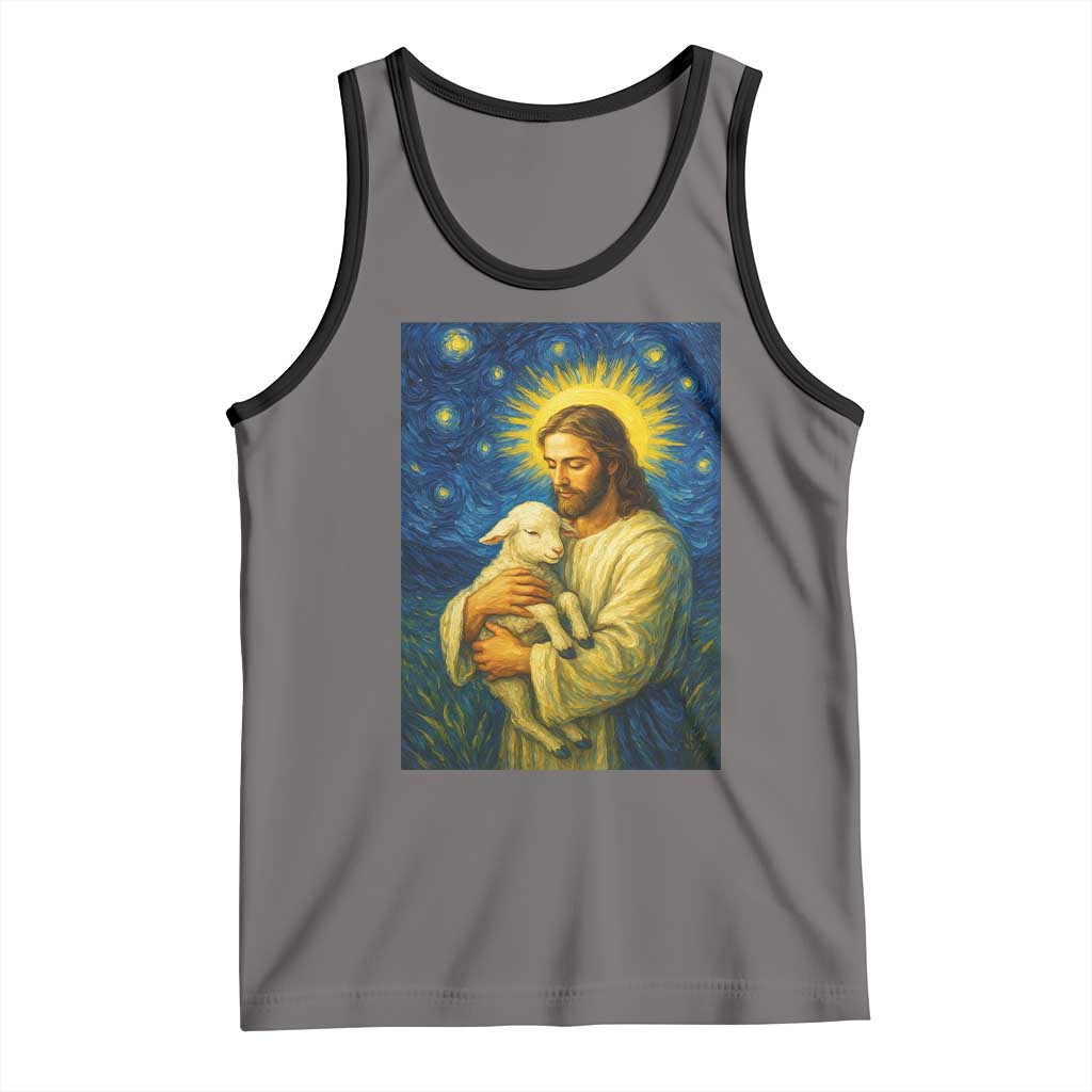 Jesus Christian Tank Top Hug Lamb Starry Night Van Gogh TS14 Deep Heather Black Print Your Wear