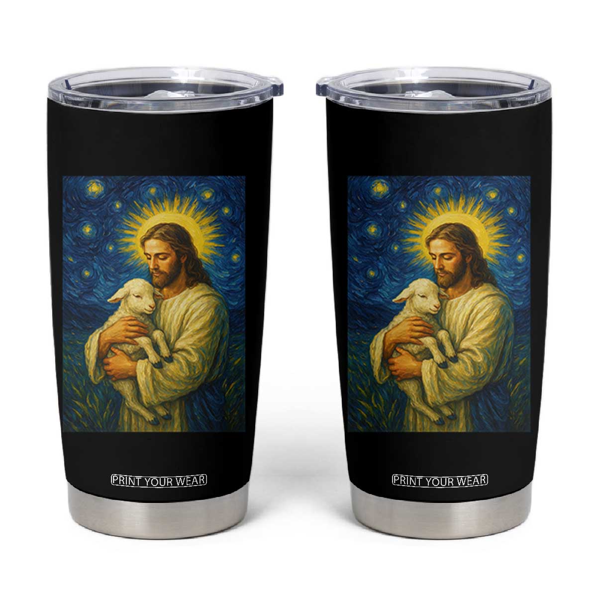 Jesus Christian Tumbler Cup Hug Lamb Starry Night Van Gogh TS14 Black Print Your Wear
