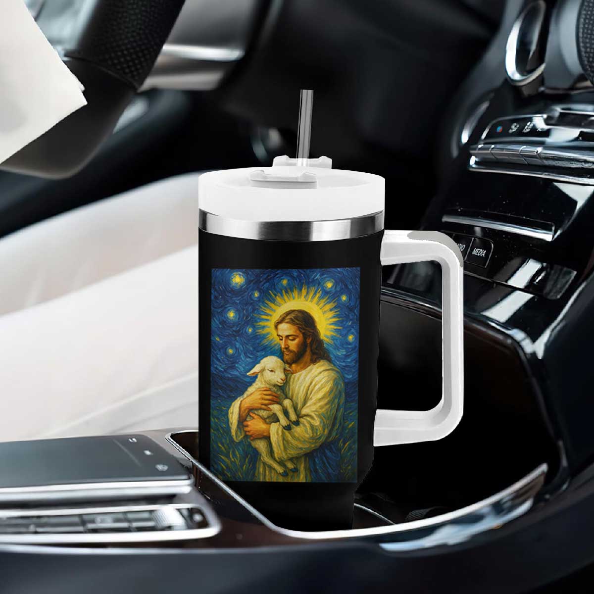 Jesus Christian Tumbler With Handle Hug Lamb Starry Night Van Gogh TS14 Print Your Wear