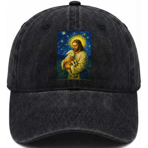 Jesus Christian Washed Cotton Baseball Cap Hug Lamb Starry Night Van Gogh TS14 Washed Cap Universal Fit Black Print Your Wear