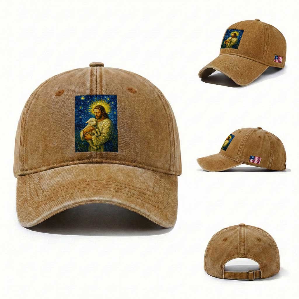 Jesus Christian Washed Cotton Baseball Cap Hug Lamb Starry Night Van Gogh TS14 Washed Cap Universal Fit Yellow Ochre Print Your Wear