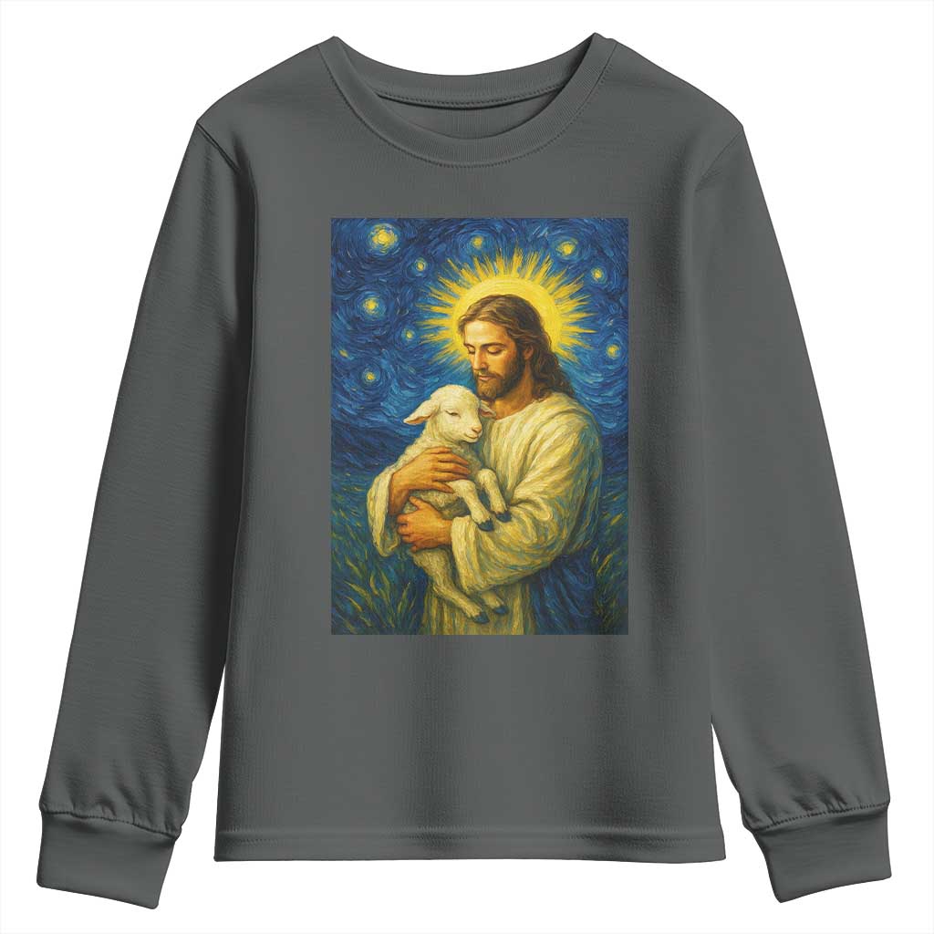 Jesus Christian Youth Sweatshirt Hug Lamb Starry Night Van Gogh TS14 Dark Heather Print Your Wear
