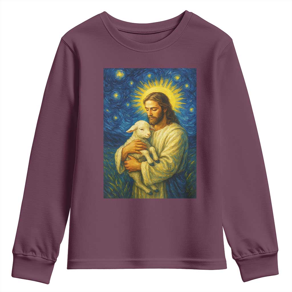 Jesus Christian Youth Sweatshirt Hug Lamb Starry Night Van Gogh TS14 Maroon Print Your Wear