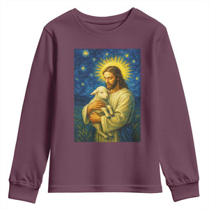 Jesus Christian Youth Sweatshirt Hug Lamb Starry Night Van Gogh TS14 Maroon Print Your Wear