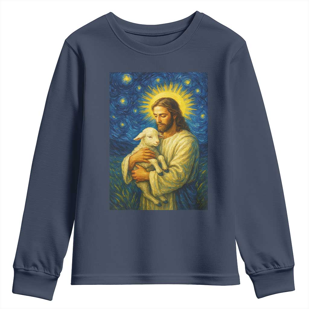 Jesus Christian Youth Sweatshirt Hug Lamb Starry Night Van Gogh TS14 Navy Print Your Wear