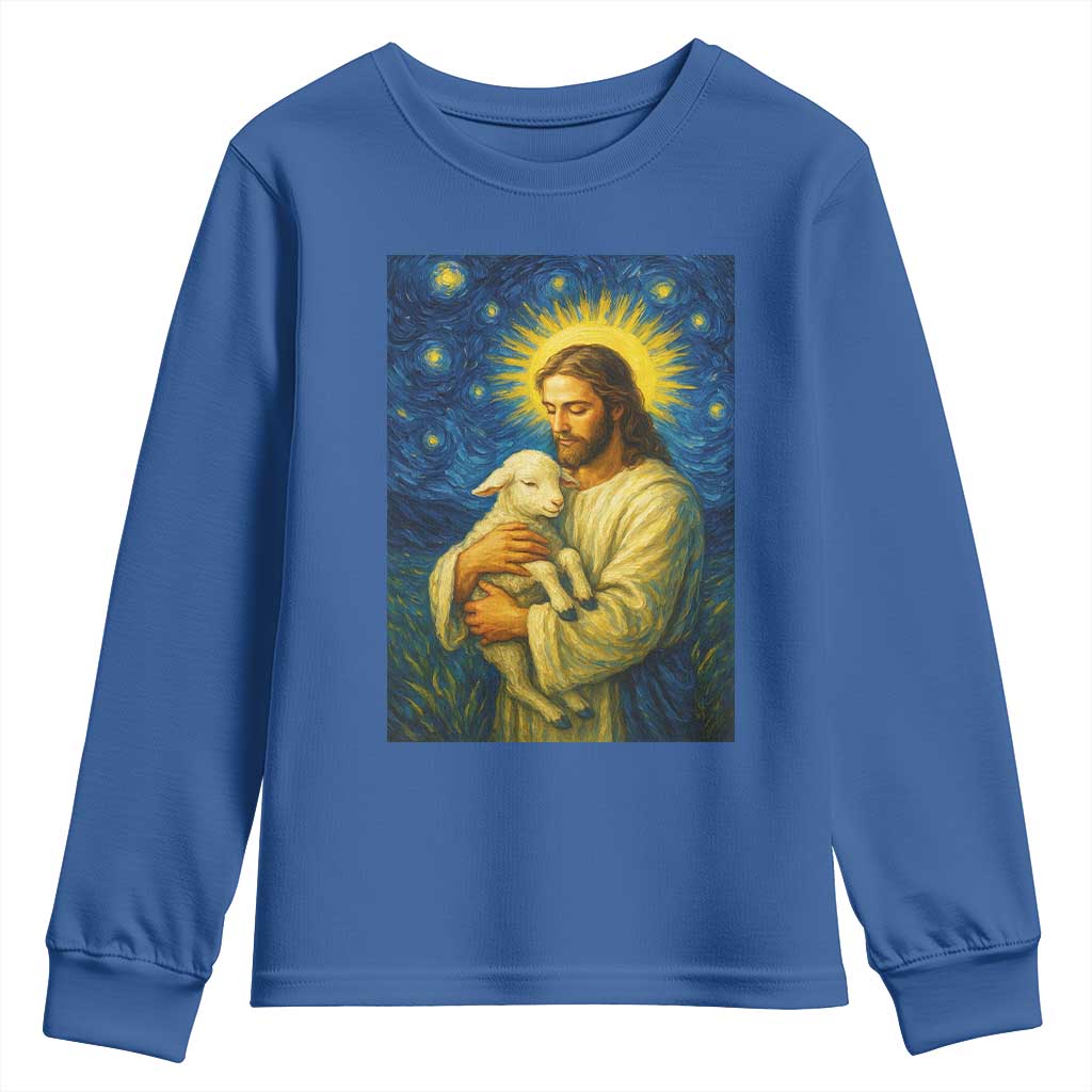 Jesus Christian Youth Sweatshirt Hug Lamb Starry Night Van Gogh TS14 Royal Blue Print Your Wear