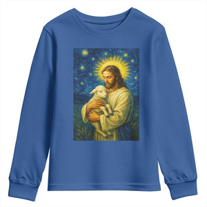 Jesus Christian Youth Sweatshirt Hug Lamb Starry Night Van Gogh TS14 Royal Blue Print Your Wear