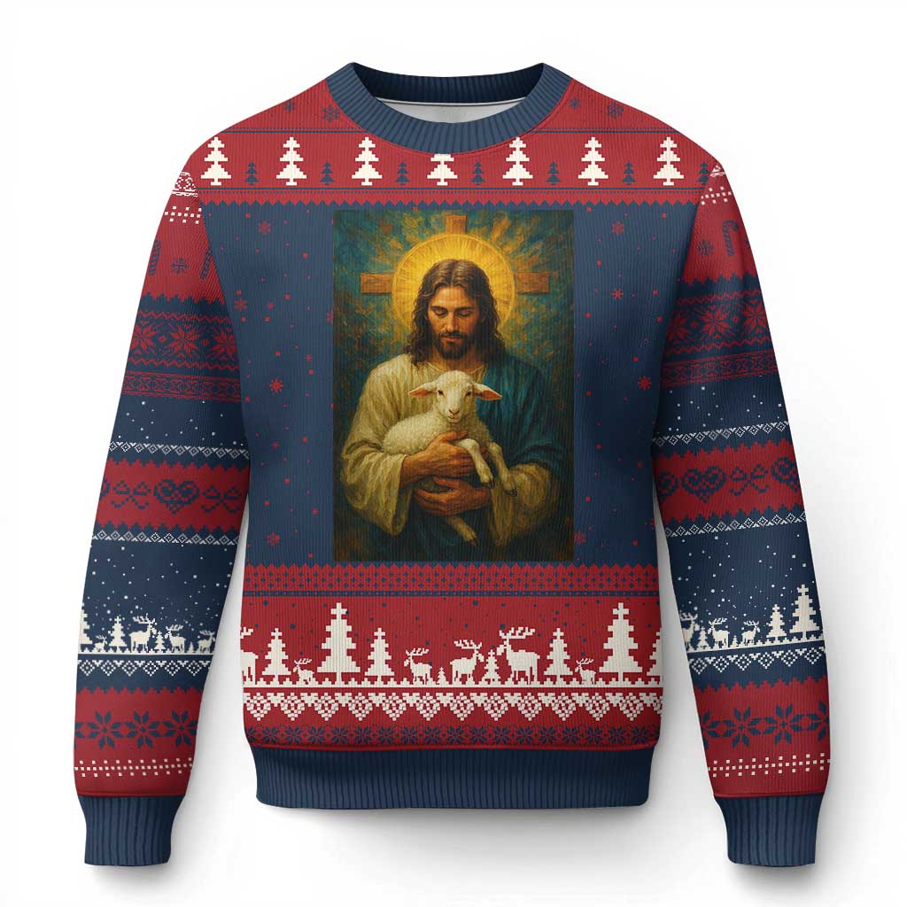 Jesus Christian Ugly Christmas Sweater Hug Lamb Faith Easter - Print Your Wear