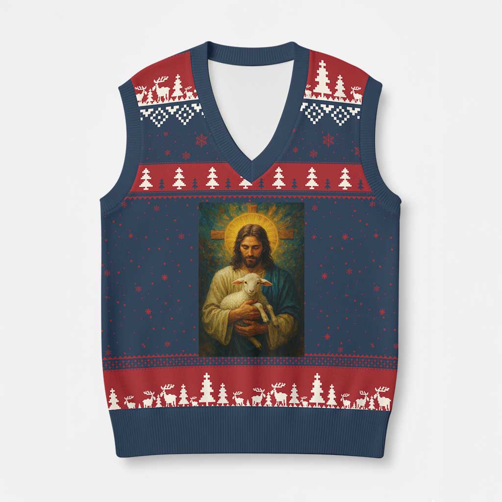 Jesus Christian V-Neck Knit Sweater Vest Hug Lamb Faith Easter TS14 Navy Red Print Your Wear