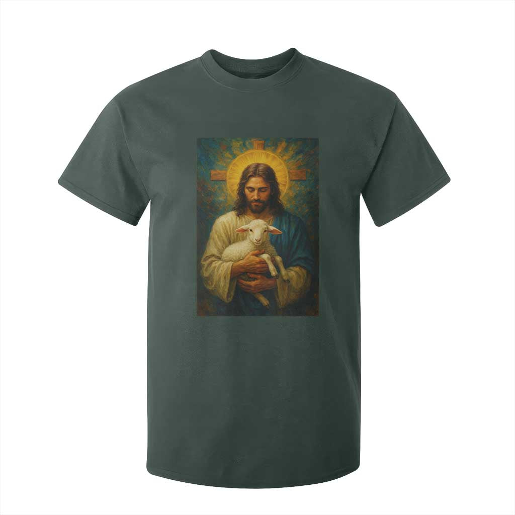 Jesus Christian T Shirt For Kid Hug Lamb Faith Easter TS14 Dark Forest Green Print Your Wear