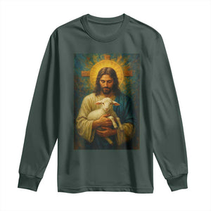 Jesus Christian Long Sleeve Shirt Hug Lamb Faith Easter TS14 Dark Forest Green Print Your Wear