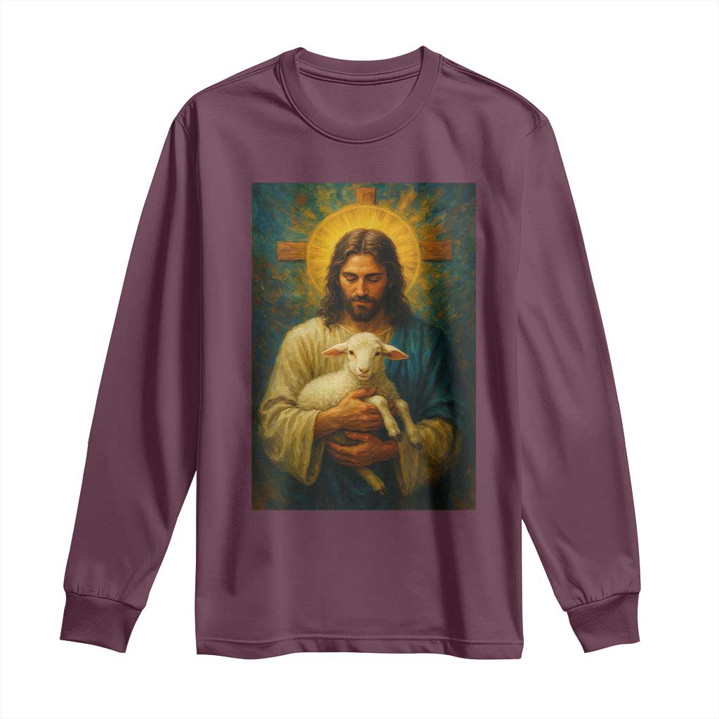 Jesus Christian Long Sleeve Shirt Hug Lamb Faith Easter TS14 Maroon Print Your Wear