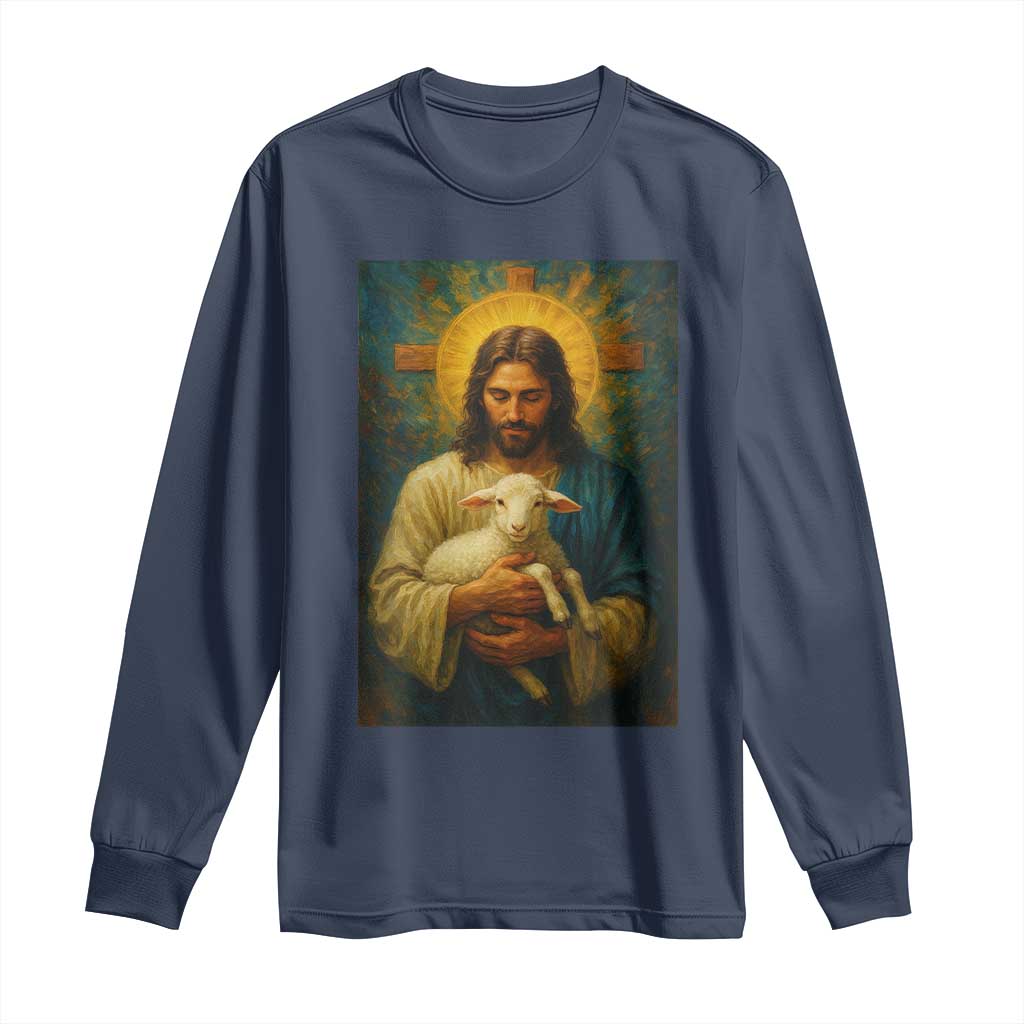 Jesus Christian Long Sleeve Shirt Hug Lamb Faith Easter TS14 Navy Print Your Wear