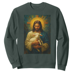 Jesus Christian Sweatshirt Hug Lamb Faith Easter TS14 Dark Forest Green Print Your Wear
