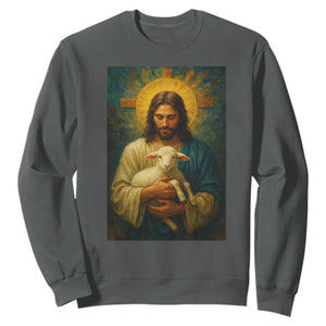 Jesus Christian Sweatshirt Hug Lamb Faith Easter TS14 Dark Heather Print Your Wear