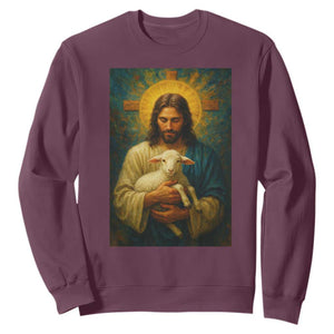 Jesus Christian Sweatshirt Hug Lamb Faith Easter TS14 Maroon Print Your Wear