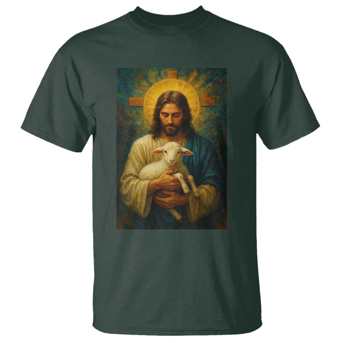Jesus Christian T Shirt Hug Lamb Faith Easter TS14 Dark Forest Green Print Your Wear