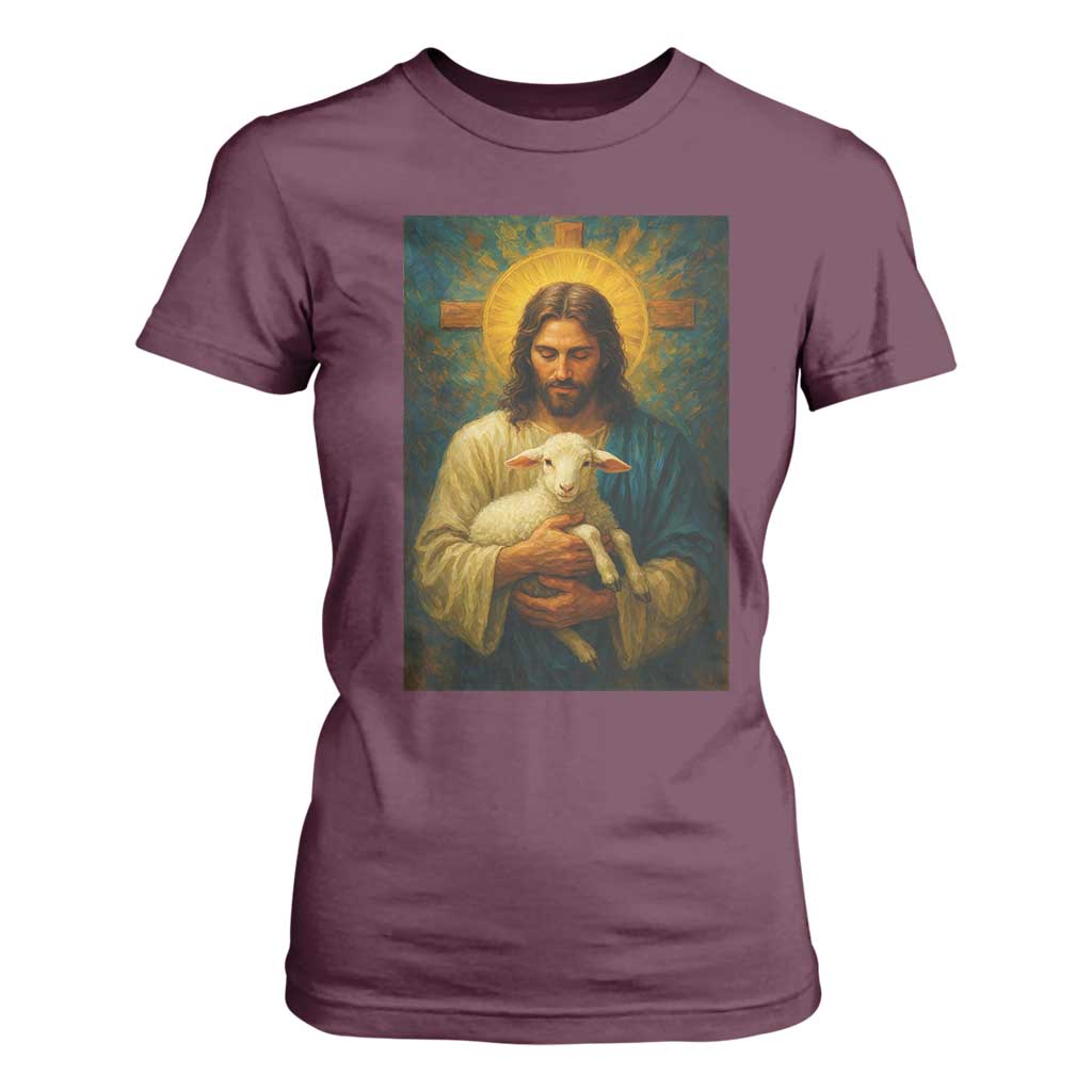 Jesus Christian T Shirt For Women Hug Lamb Faith Easter TS14 Maroon Print Your Wear