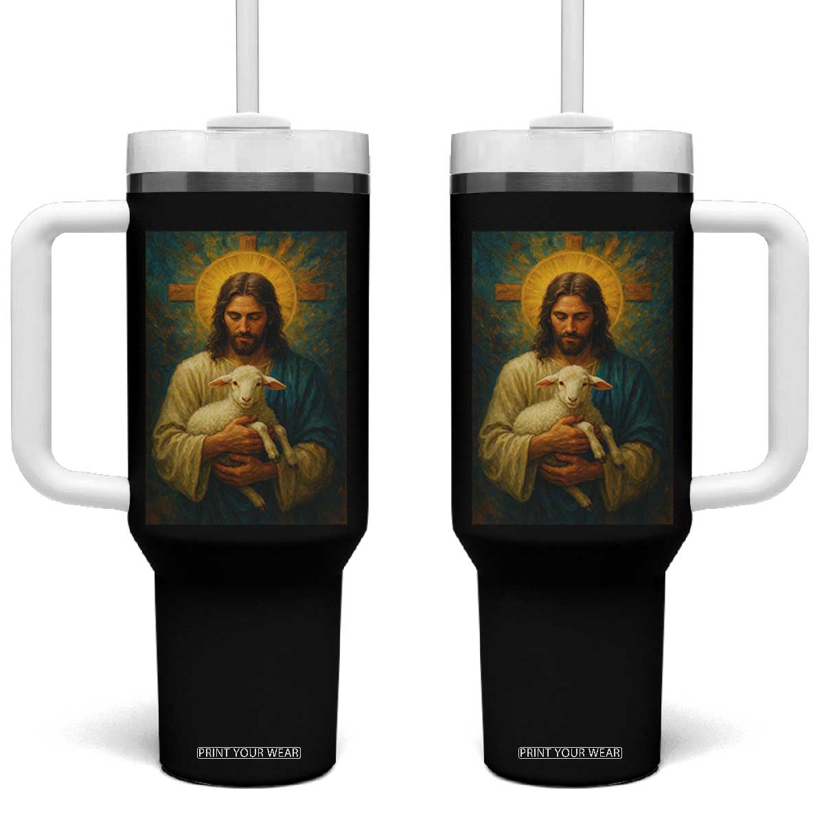 Jesus Christian Tumbler With Handle Hug Lamb Faith Easter TS14 One Size: 40 oz Black Print Your Wear