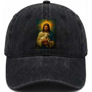 Jesus Christian Washed Cotton Baseball Cap Hug Lamb Faith Easter TS14 Washed Cap Universal Fit Black Print Your Wear