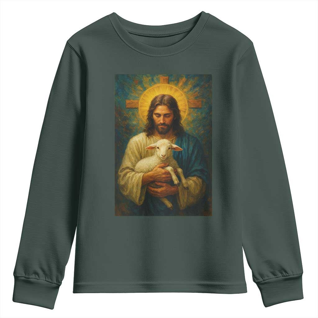 Jesus Christian Youth Sweatshirt Hug Lamb Faith Easter TS14 Dark Forest Green Print Your Wear