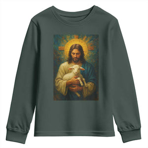 Jesus Christian Youth Sweatshirt Hug Lamb Faith Easter TS14 Dark Forest Green Print Your Wear