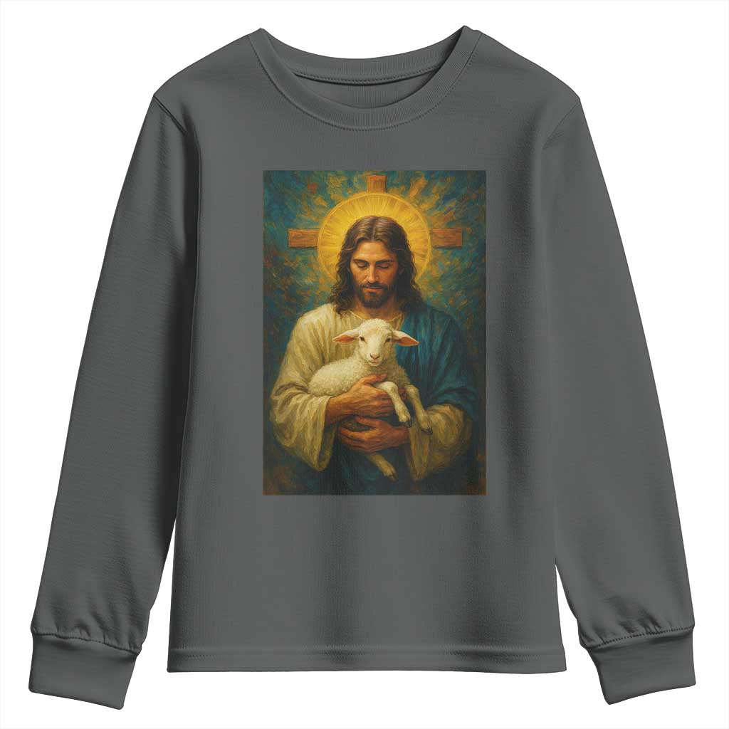 Jesus Christian Youth Sweatshirt Hug Lamb Faith Easter TS14 Dark Heather Print Your Wear