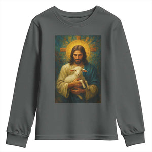 Jesus Christian Youth Sweatshirt Hug Lamb Faith Easter TS14 Dark Heather Print Your Wear