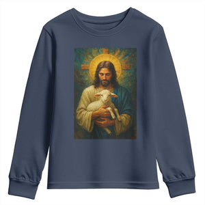 Jesus Christian Youth Sweatshirt Hug Lamb Faith Easter TS14 Navy Print Your Wear