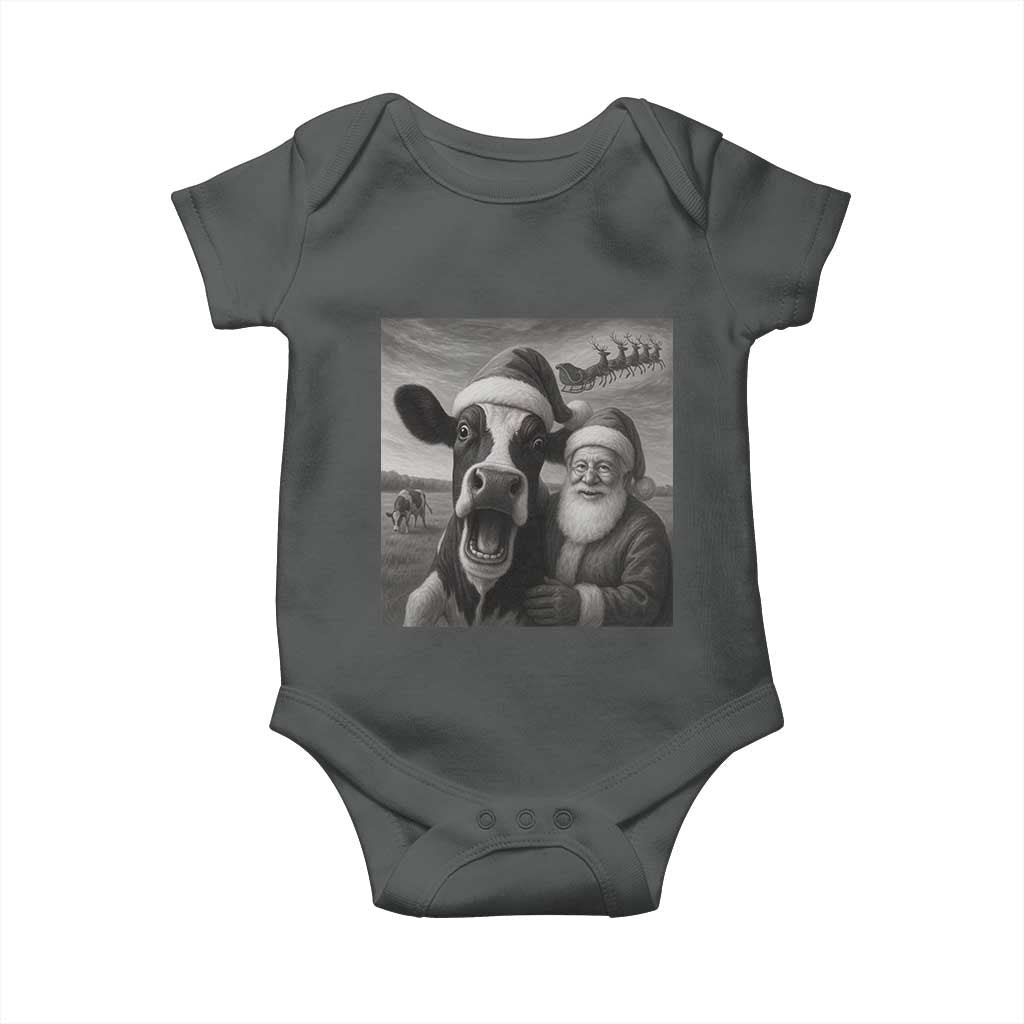 Funny Santa Selfie with Cow Christmas Baby Onesie TS14 Dark Heather Print Your Wear