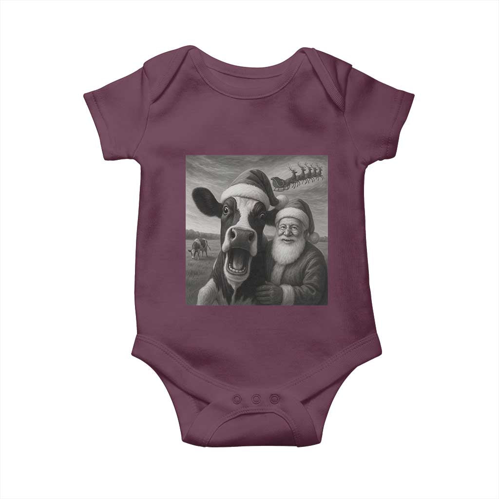 Funny Santa Selfie with Cow Christmas Baby Onesie TS14 Maroon Print Your Wear