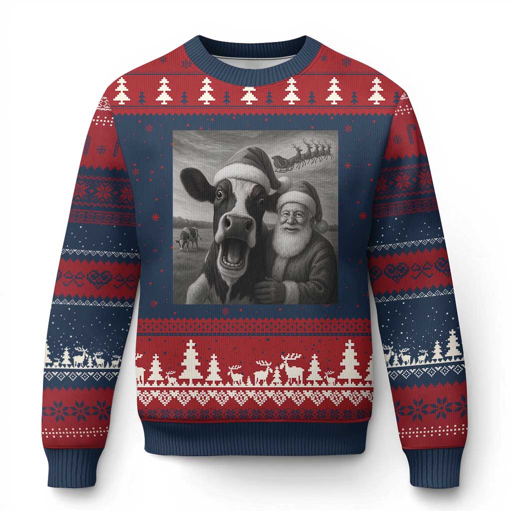 Funny Santa Selfie with Cow Xmas Ugly Christmas Sweater TS14 Navy Red Print Your Wear